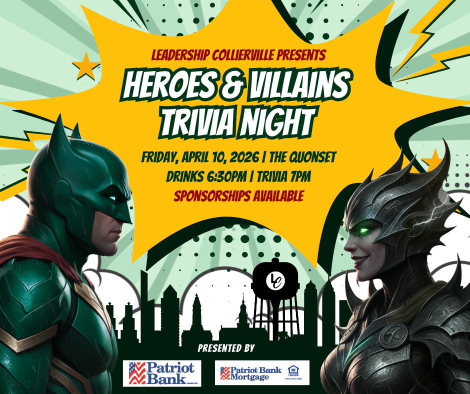 a comic poster showing a hero and villain with text about trivia night details